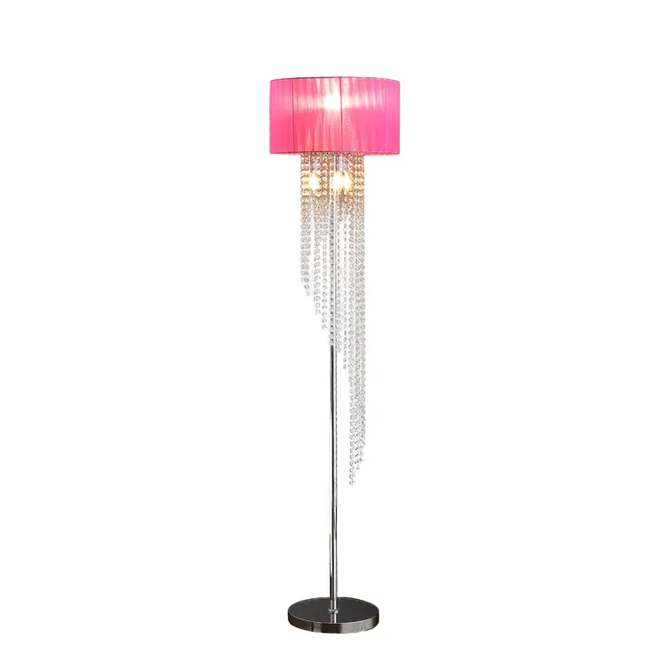 53" Clear And Silver Crystal And Metal Floor Lamp With Hot Pink Linen Drum Shade