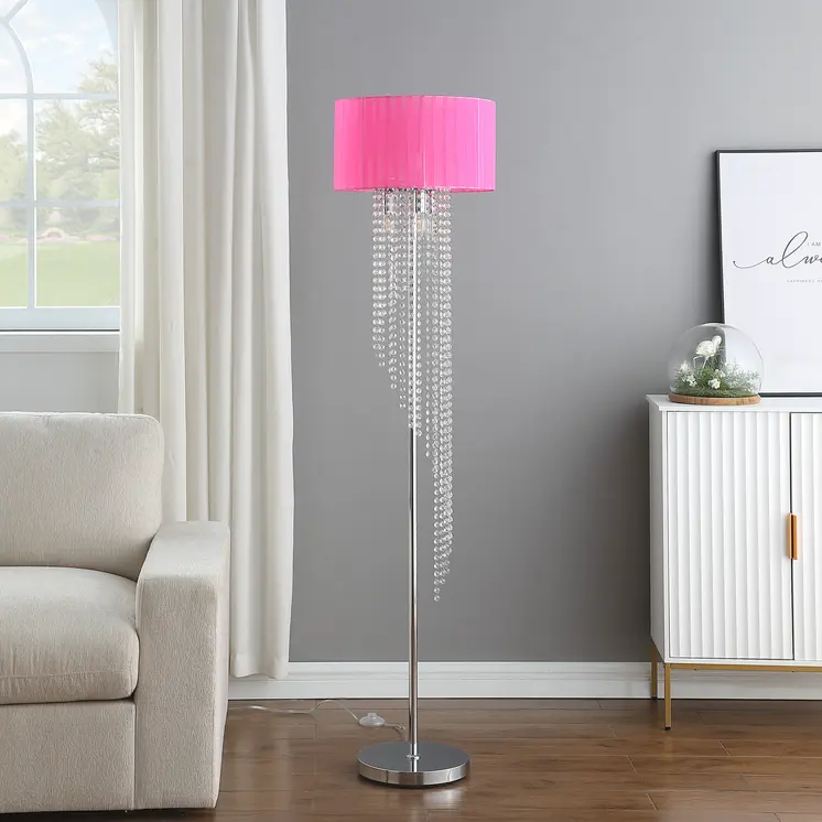 53" Clear And Silver Crystal And Metal Floor Lamp With Hot Pink Linen Drum Shade