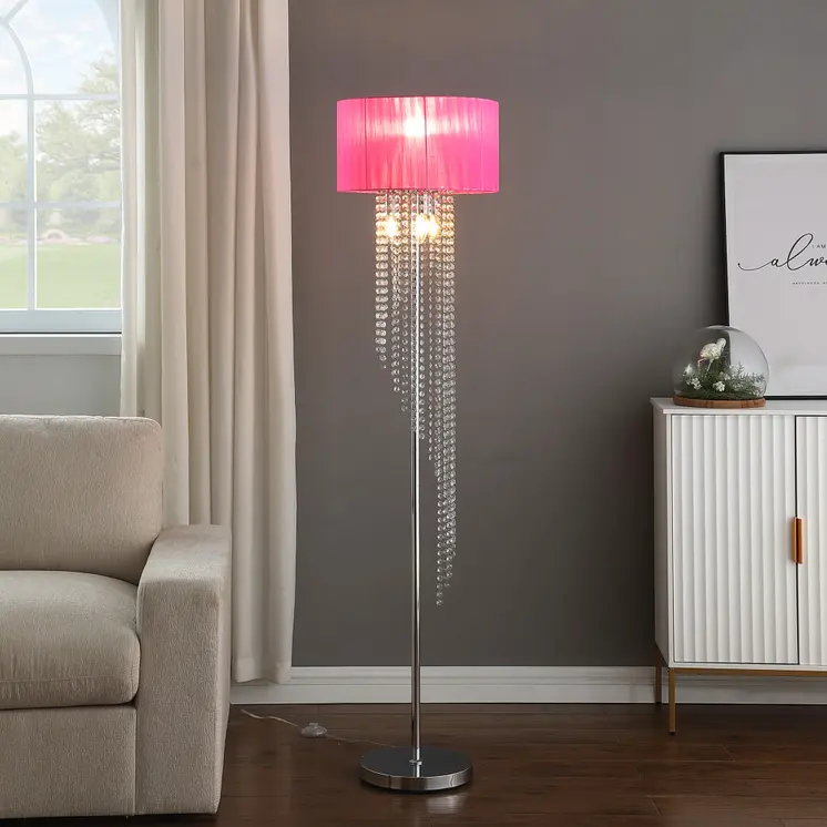 53" Clear And Silver Crystal And Metal Floor Lamp With Hot Pink Linen Drum Shade