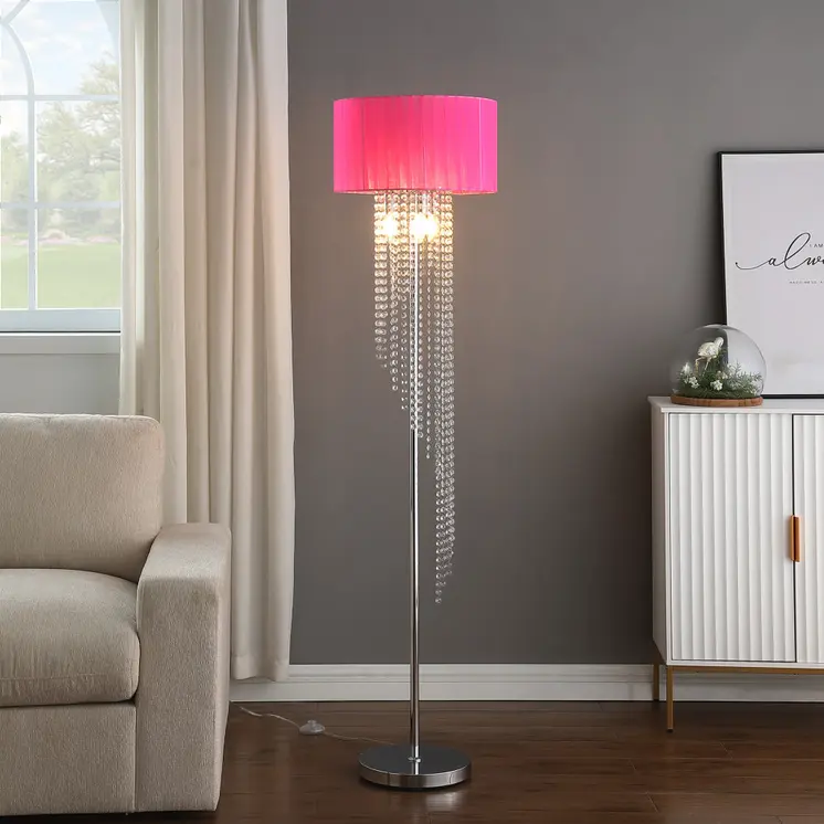 53" Clear And Silver Crystal And Metal Floor Lamp With Hot Pink Linen Drum Shade