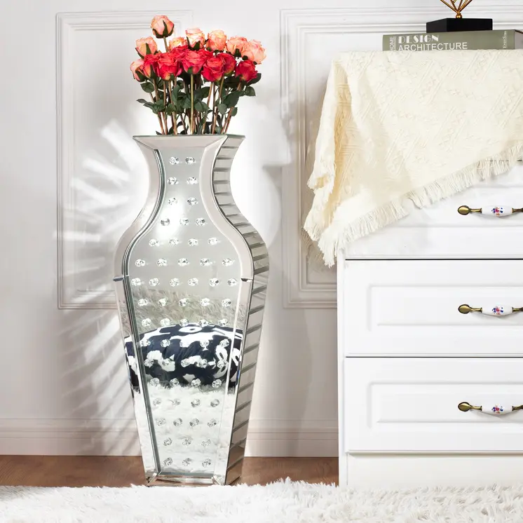 28" Silver Urn Mirrored Glass Floor Vase With Crystals