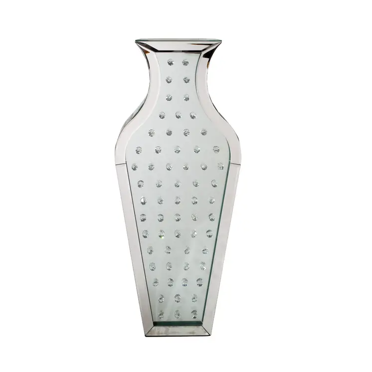 28" Silver Urn Mirrored Glass Floor Vase With Crystals