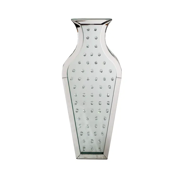 28" Silver Urn Mirrored Glass Floor Vase With Crystals