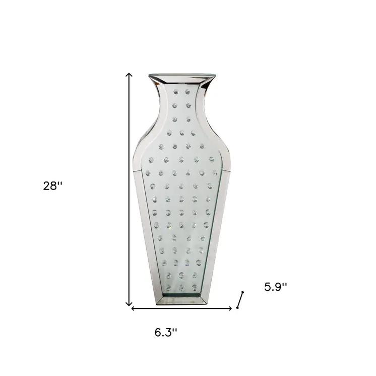 28" Silver Urn Mirrored Glass Floor Vase With Crystals