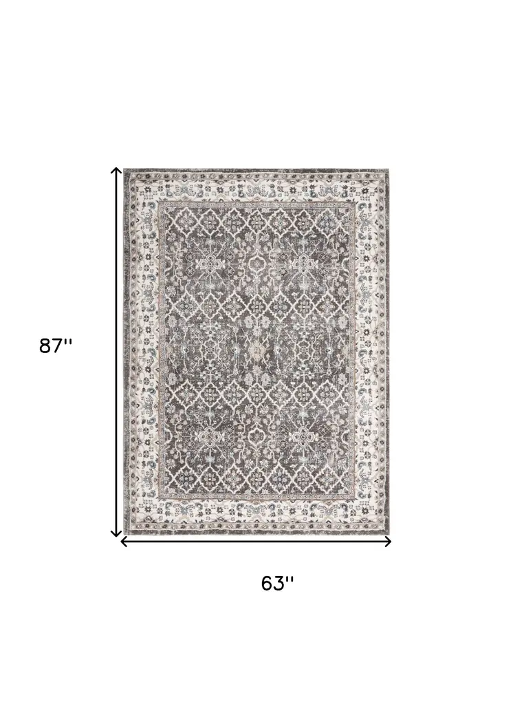 5' X 7' Gray Floral Power Loom Area Rug