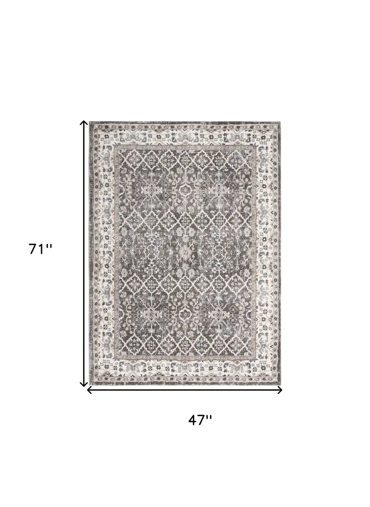 4' X 6' Gray Floral Power Loom Area Rug