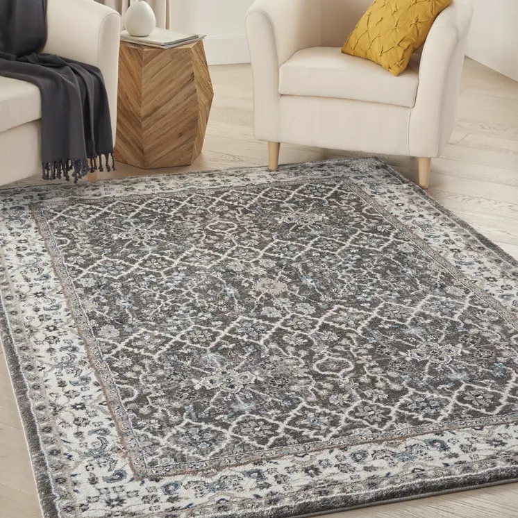 4' X 6' Gray Floral Power Loom Area Rug