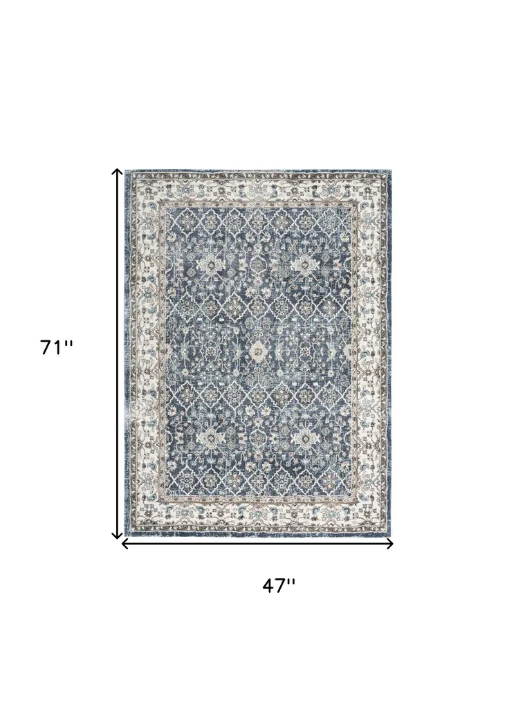 4' X 6' Blue Floral Power Loom Area Rug