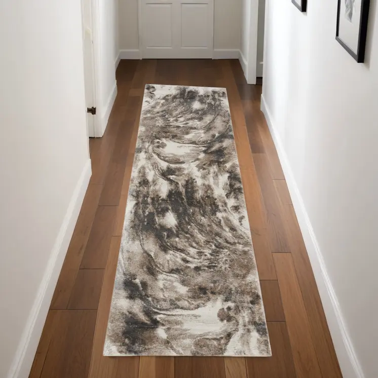 8' Tan Abstract Power Loom Runner Rug