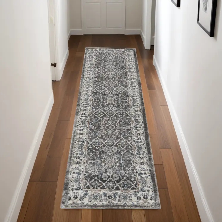 8' Gray Floral Power Loom Runner Rug