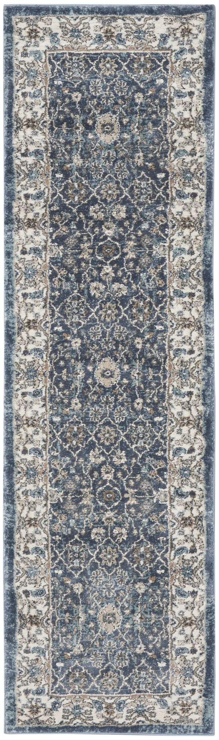 8' Teal Ivory And Gray Floral Medallion Runner Rug