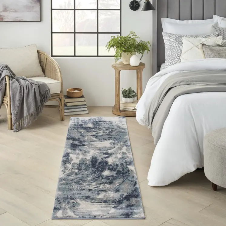 8' Blue Abstract Power Loom Runner Rug