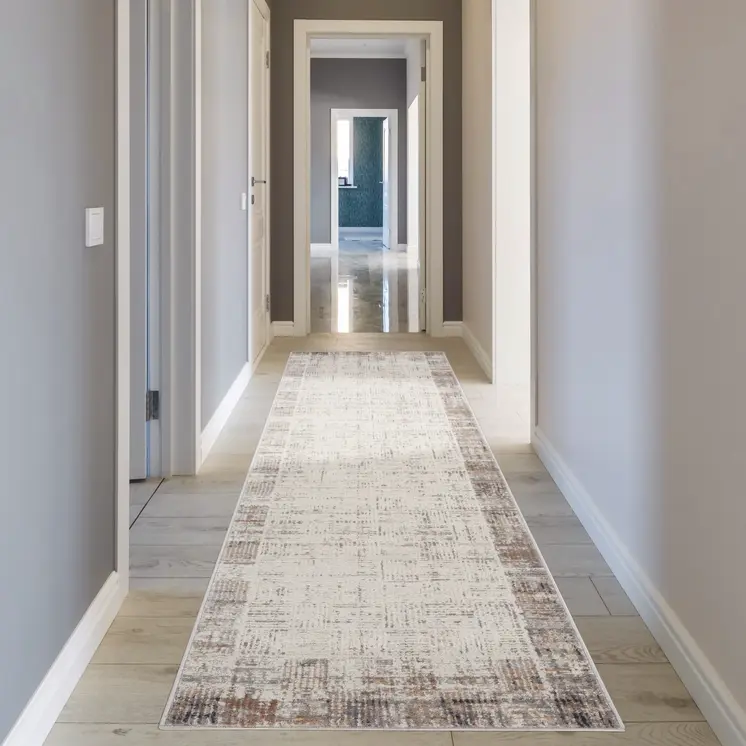 16' Ivory and Gray Abstract Runner Rug