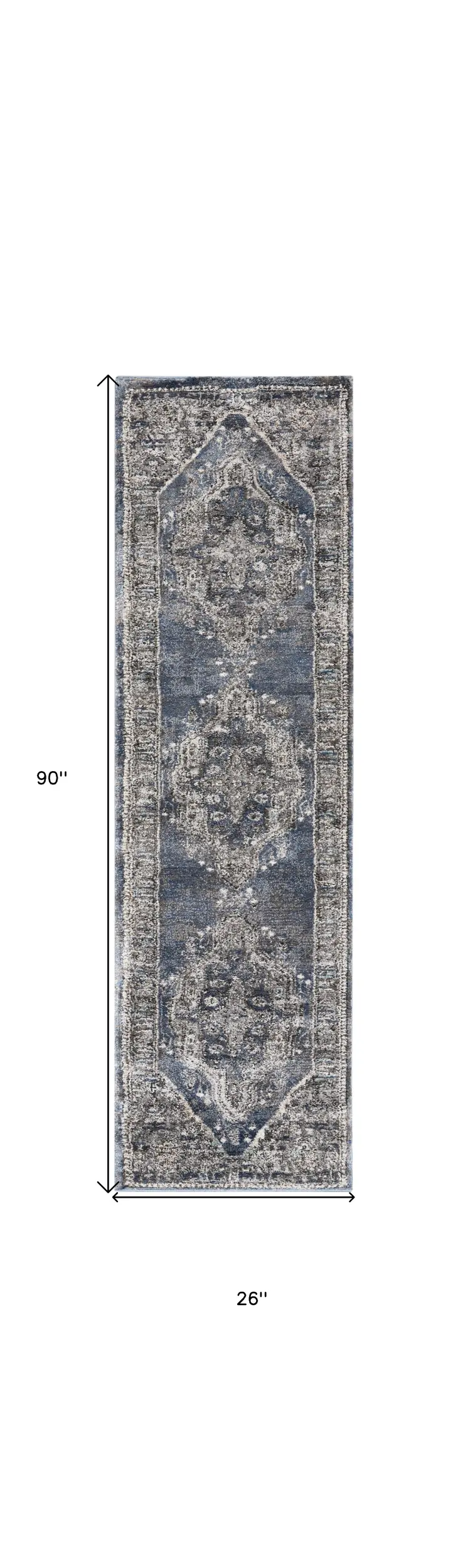 8' Blue Floral Power Loom Distressed Runner Rug