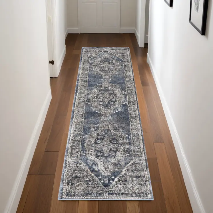 8' Blue Floral Power Loom Distressed Runner Rug