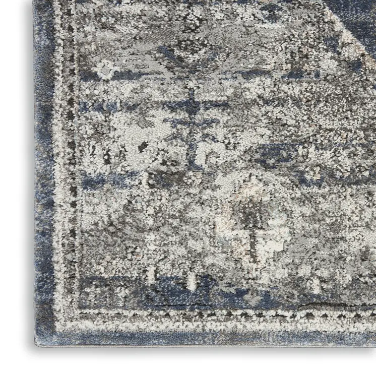 8' Teal Ivory And Gray Floral Medallion Distressed Runner Rug