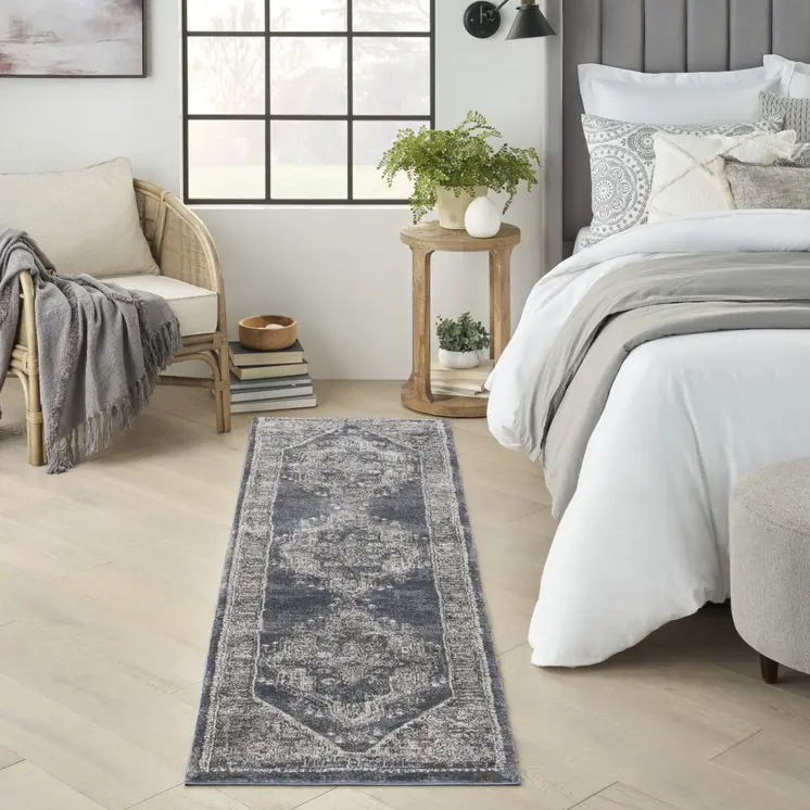 8' Teal Ivory And Gray Floral Medallion Distressed Runner Rug