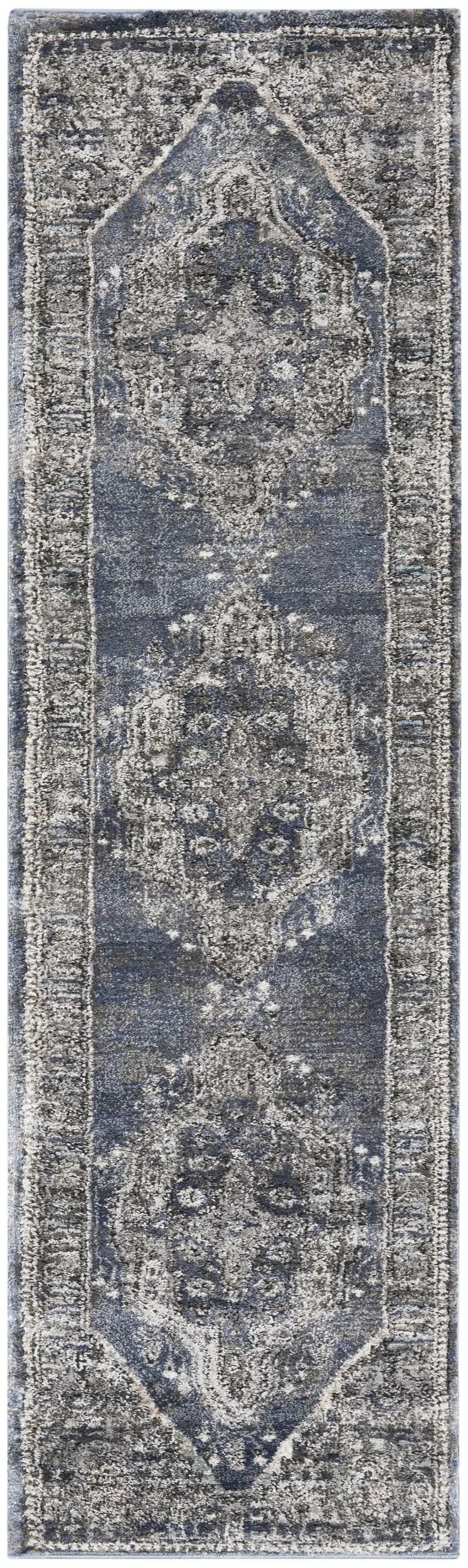 8' Teal Ivory And Gray Floral Medallion Distressed Runner Rug