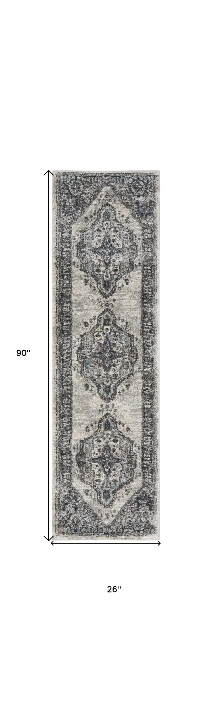 8' Gray Floral Power Loom Distressed Runner Rug
