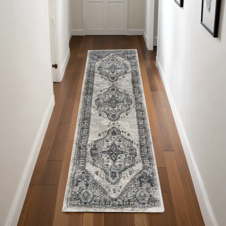 8' Gray Floral Power Loom Distressed Runner Rug