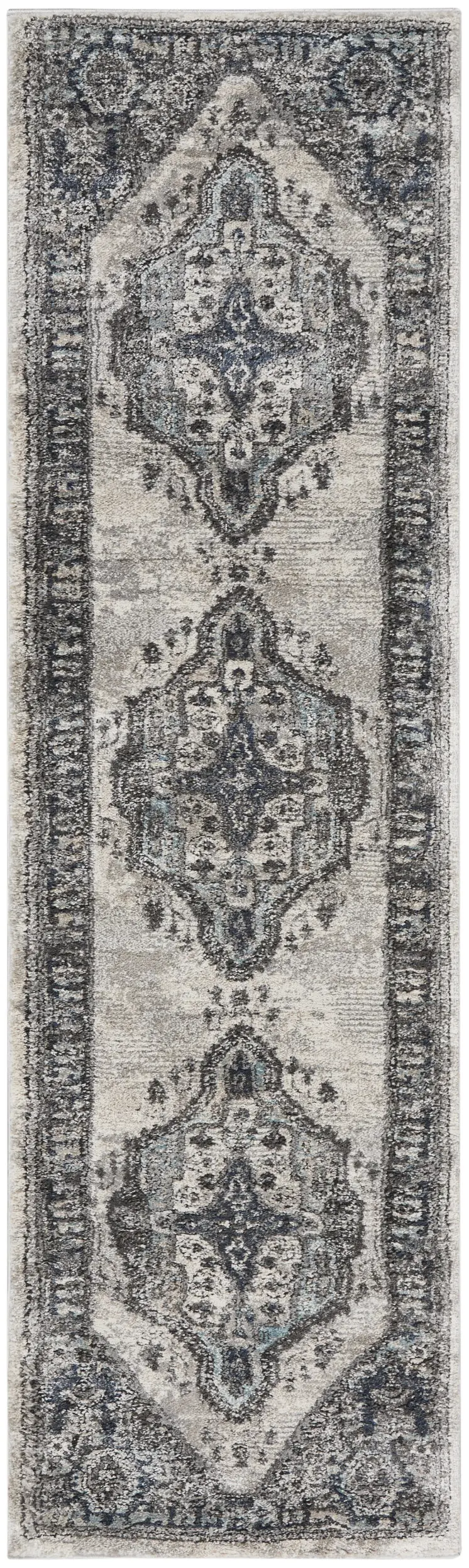 8' Gray Floral Power Loom Distressed Runner Rug