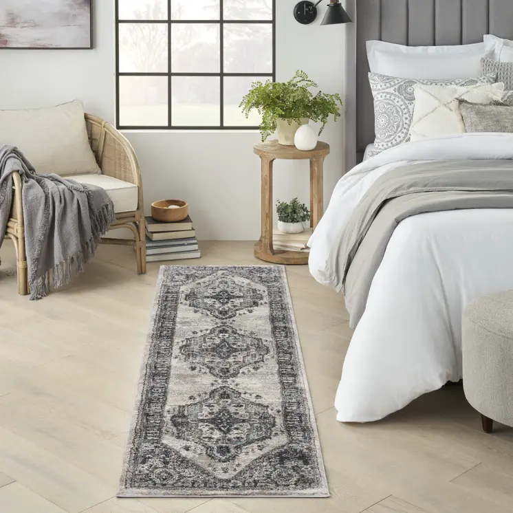 8' Gray Floral Power Loom Distressed Runner Rug