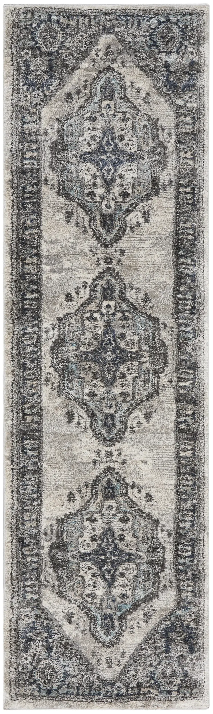 8' Teal Ivory And Gray Floral Medallion Distressed Runner Rug