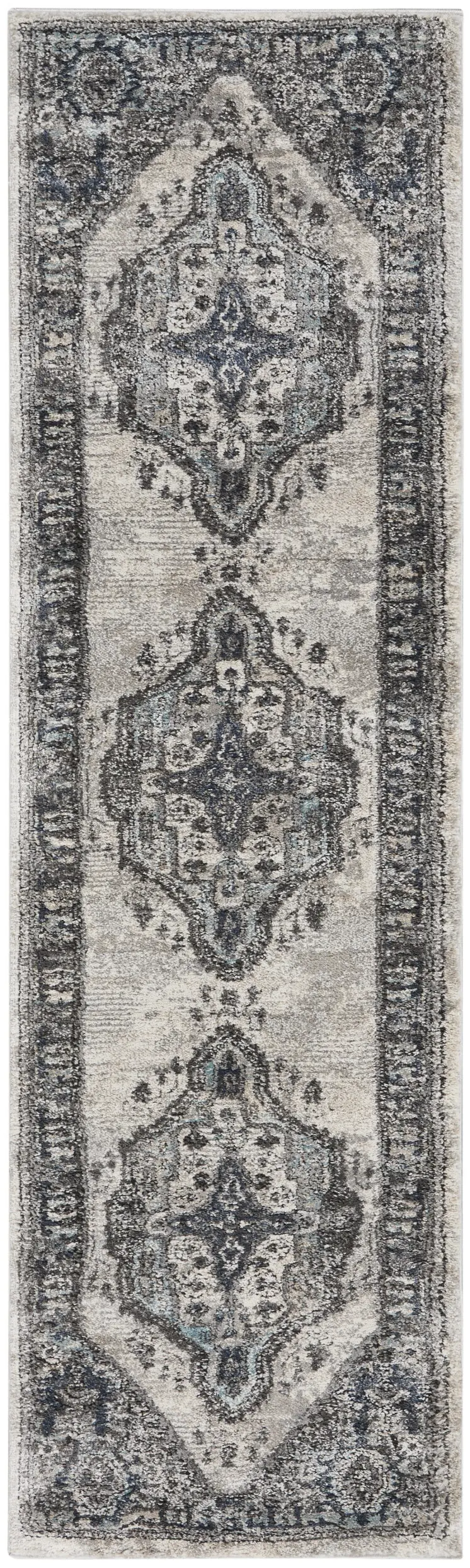 8' Gray Floral Power Loom Distressed Runner Rug