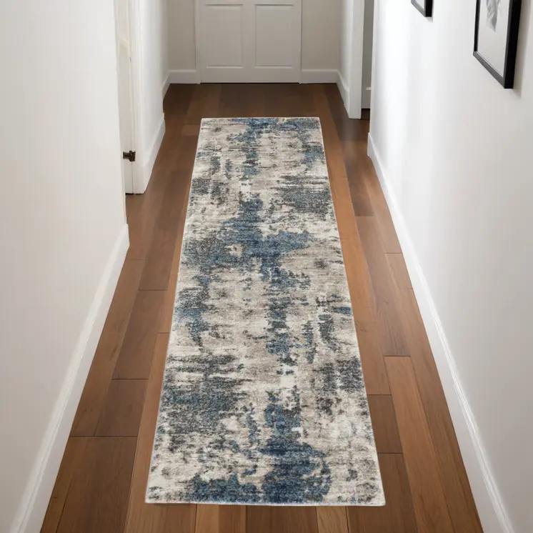 8' Blue Abstract Power Loom Runner Rug