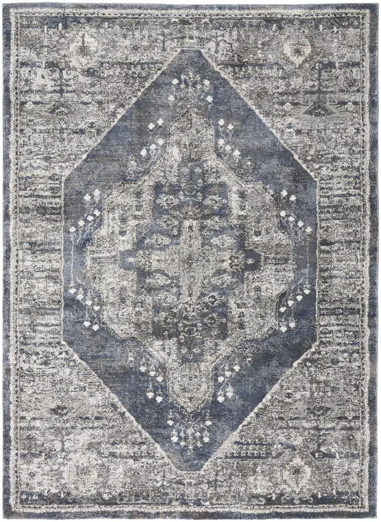 4' X 6' Blue Floral Power Loom Distressed Area Rug