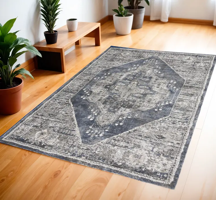 4' X 6' Blue Floral Power Loom Distressed Area Rug