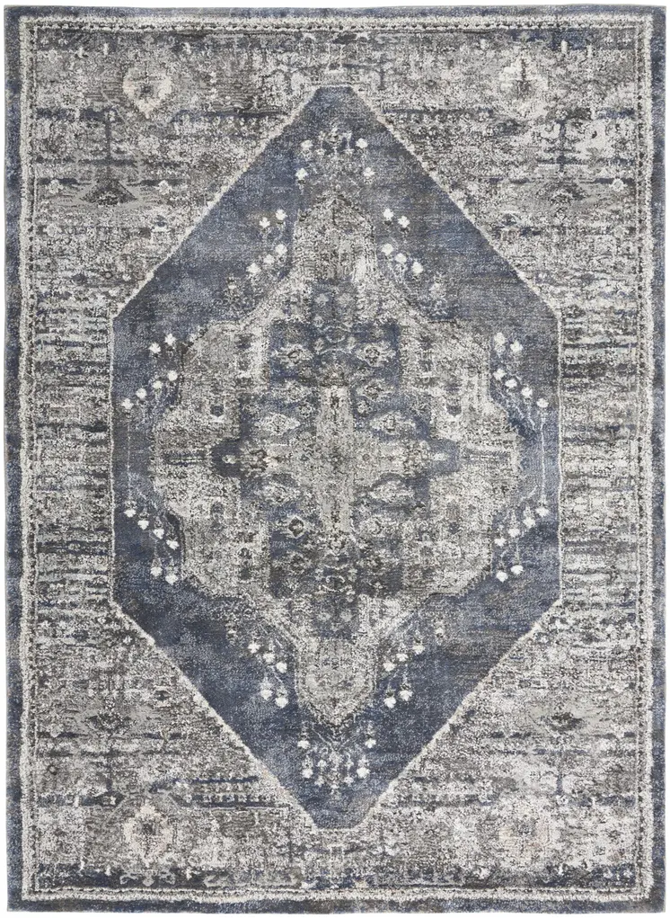 4' X 6' Blue Floral Power Loom Distressed Area Rug