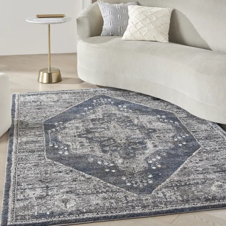 4' X 6' Blue Floral Power Loom Distressed Area Rug