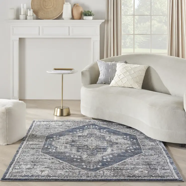 4' X 6' Blue Floral Power Loom Distressed Area Rug
