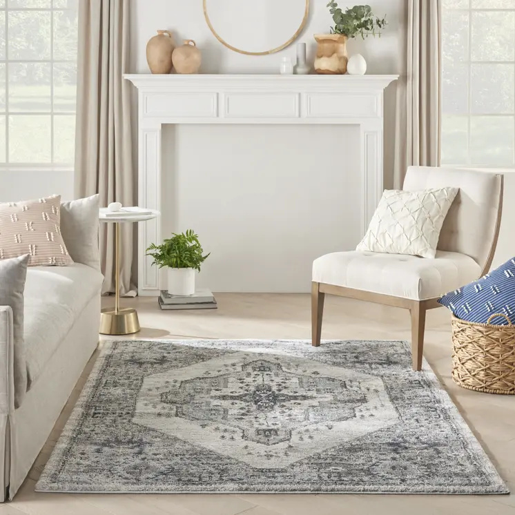 4' X 6' Gray Floral Power Loom Distressed Area Rug