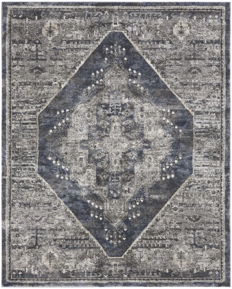 8' X 10' Blue Floral Power Loom Distressed Area Rug