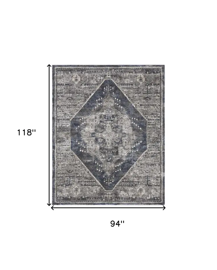 8' X 10' Blue Floral Power Loom Distressed Area Rug