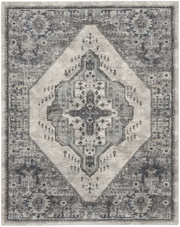 8' X 10' Gray Floral Power Loom Distressed Area Rug