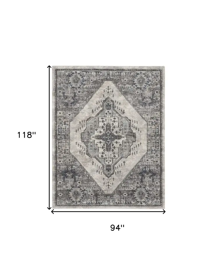8' X 10' Gray Floral Power Loom Distressed Area Rug