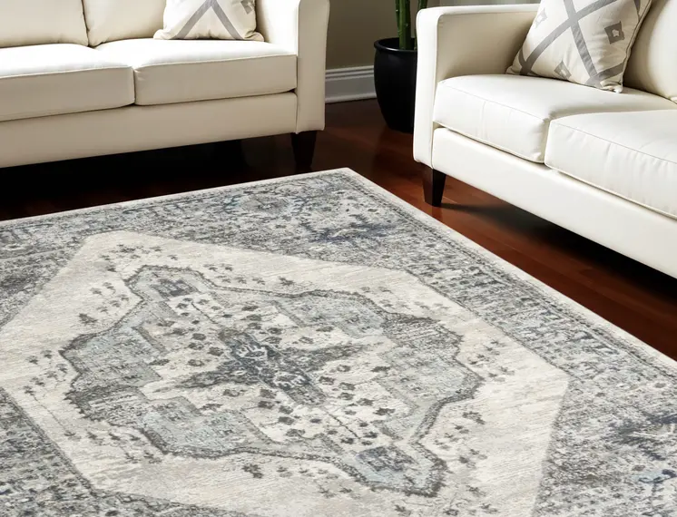 8' X 10' Gray Floral Power Loom Distressed Area Rug