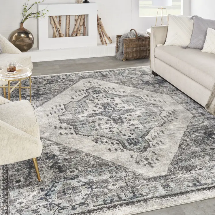 8' X 10' Gray Floral Power Loom Distressed Area Rug