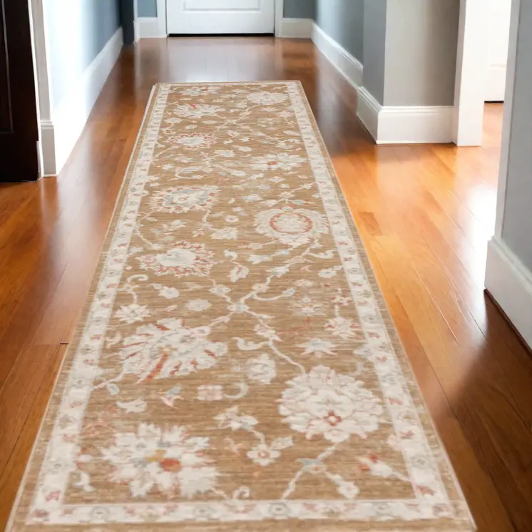 10' Brown Floral Power Loom Distressed Runner Rug