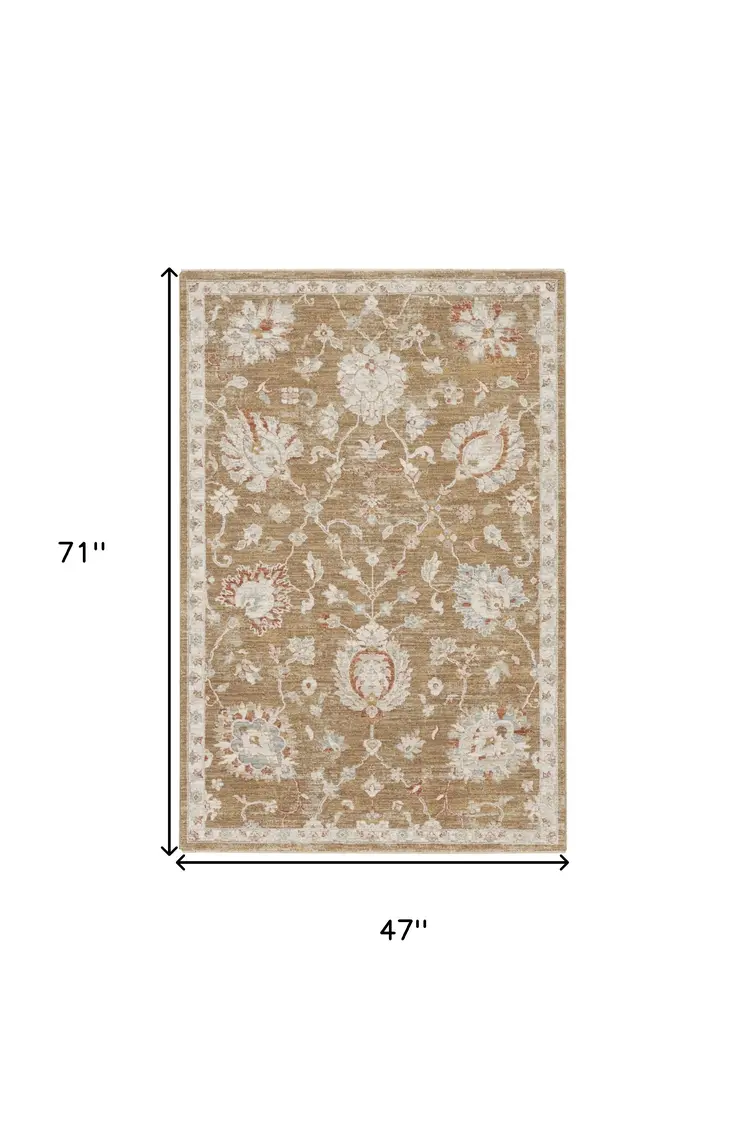 4' X 6' Brown Floral Power Loom Distressed Area Rug