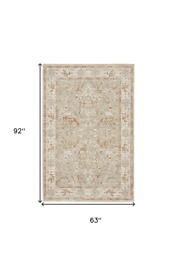 5' X 8' Green Floral Power Loom Distressed Area Rug