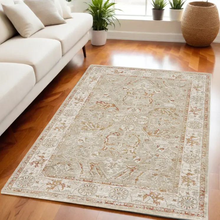 5' X 8' Green Floral Power Loom Distressed Area Rug