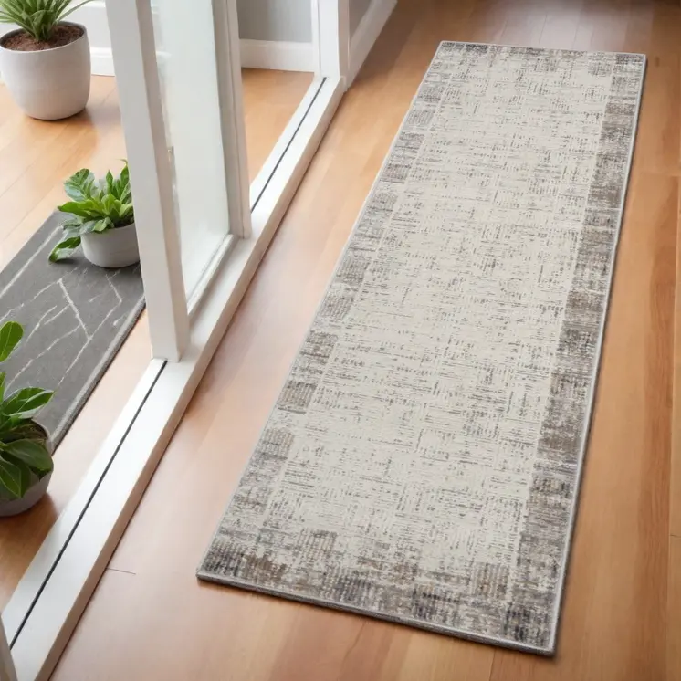 6' Ivory and Gray Abstract Runner Rug