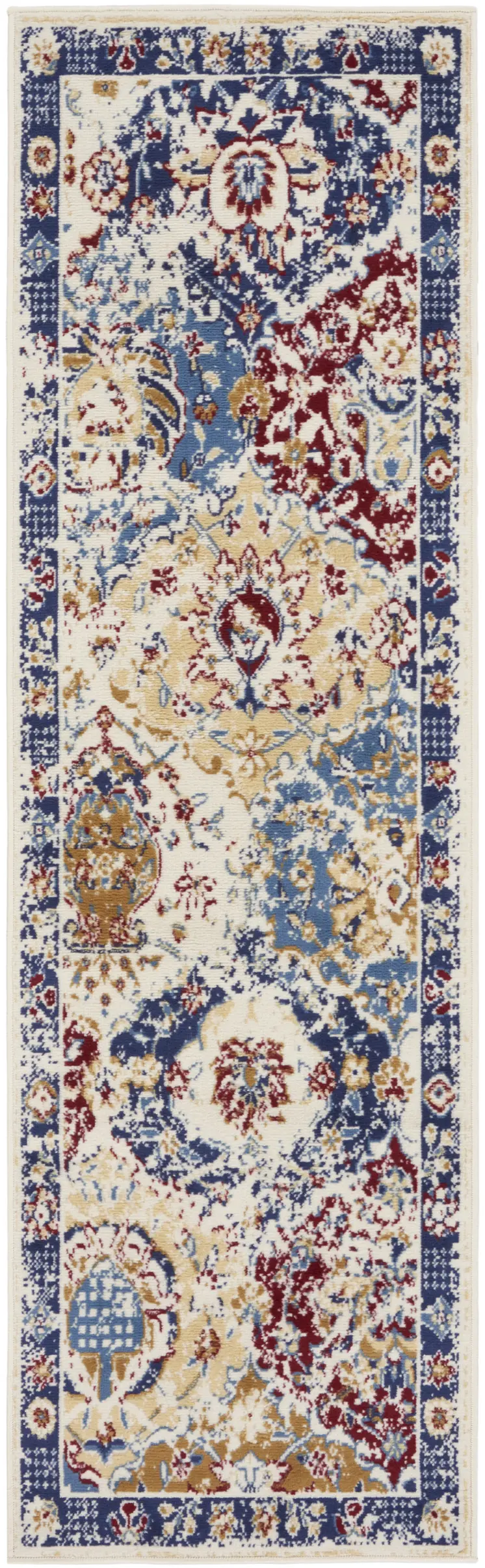 10' Ivory Red and Blue Ogee Distressed Runner Rug