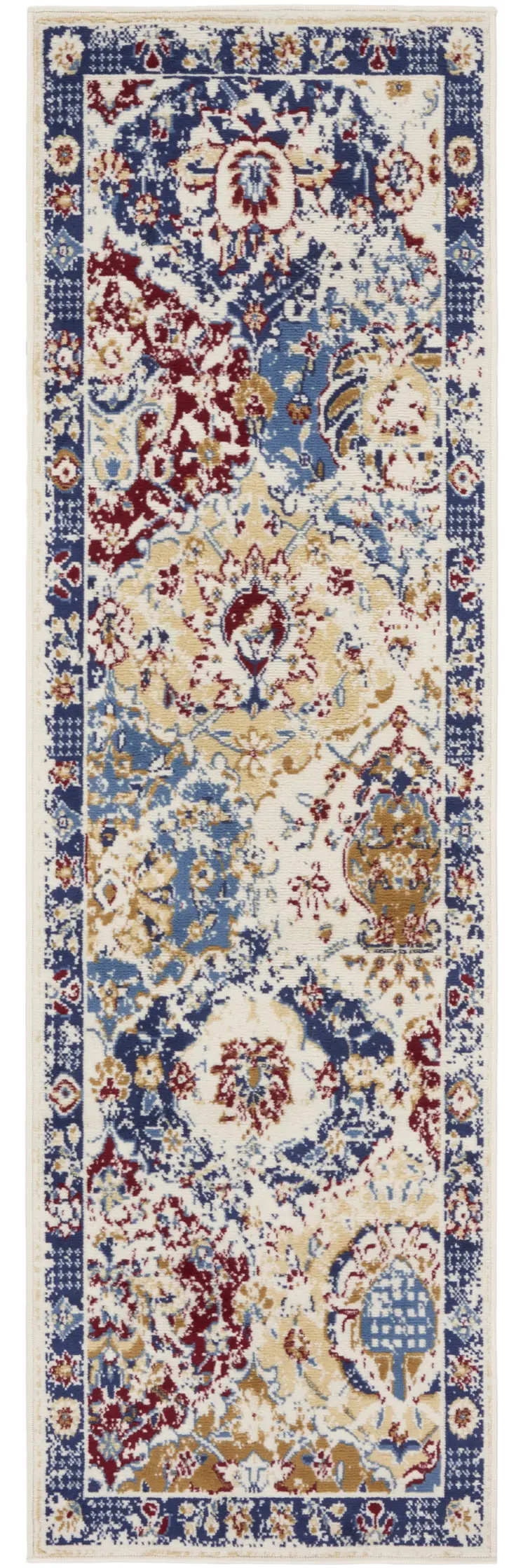 10' Ivory Red and Blue Ogee Distressed Runner Rug