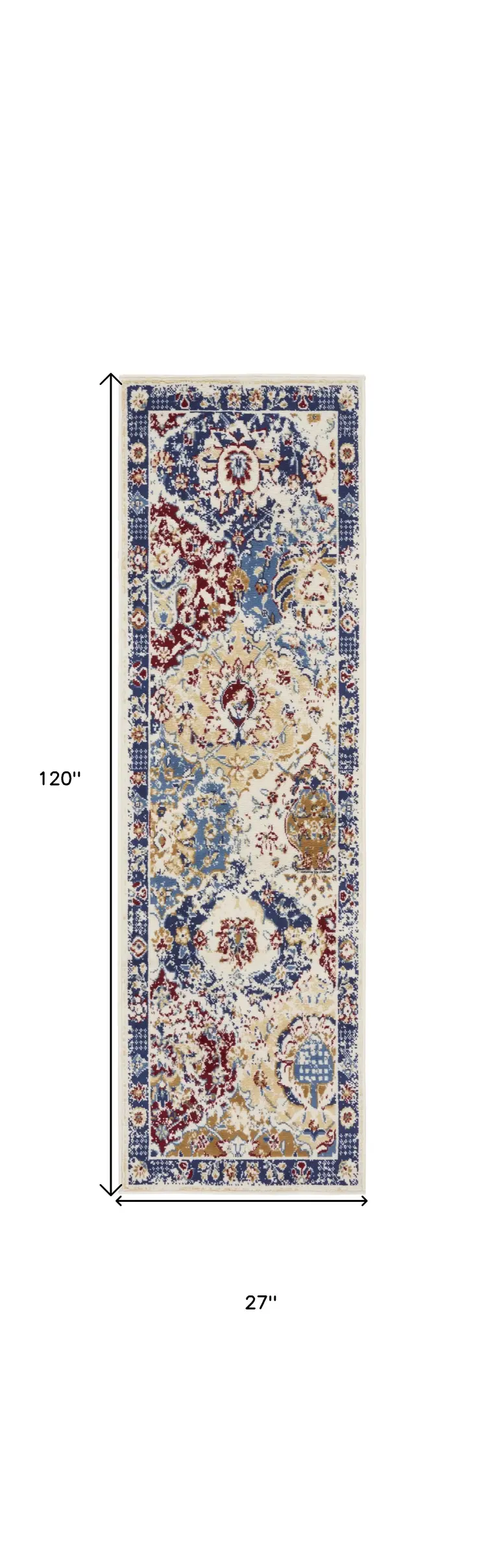 10' Ivory Red and Blue Ogee Distressed Runner Rug