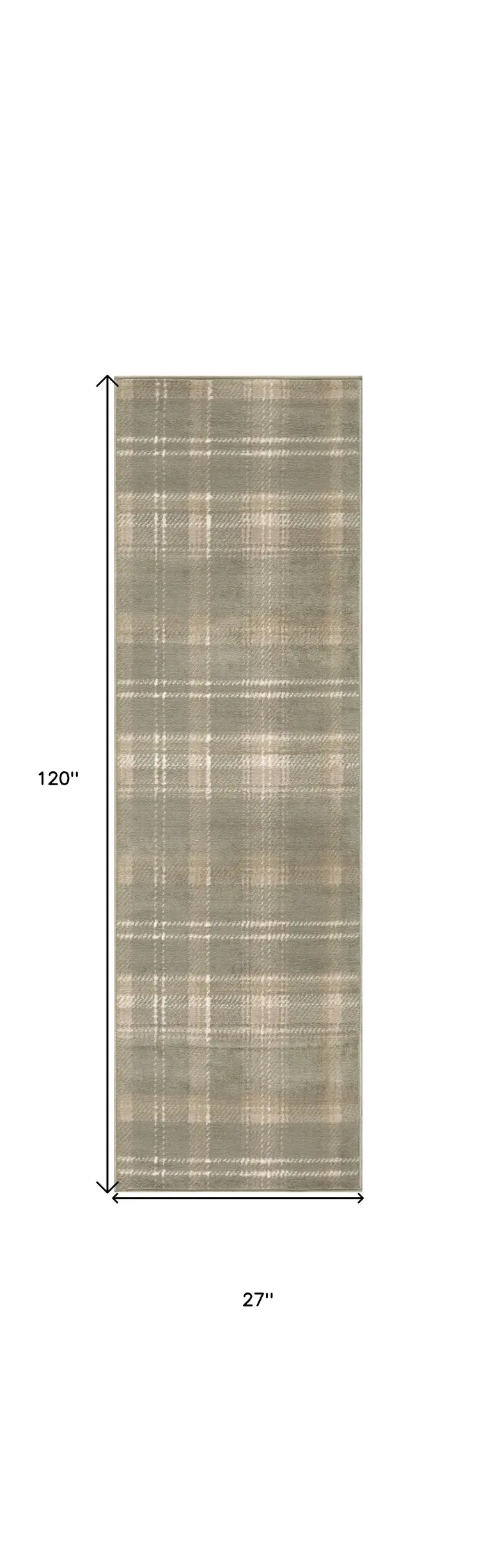 10' Olive Green and Ivory Plaid Runner Rug